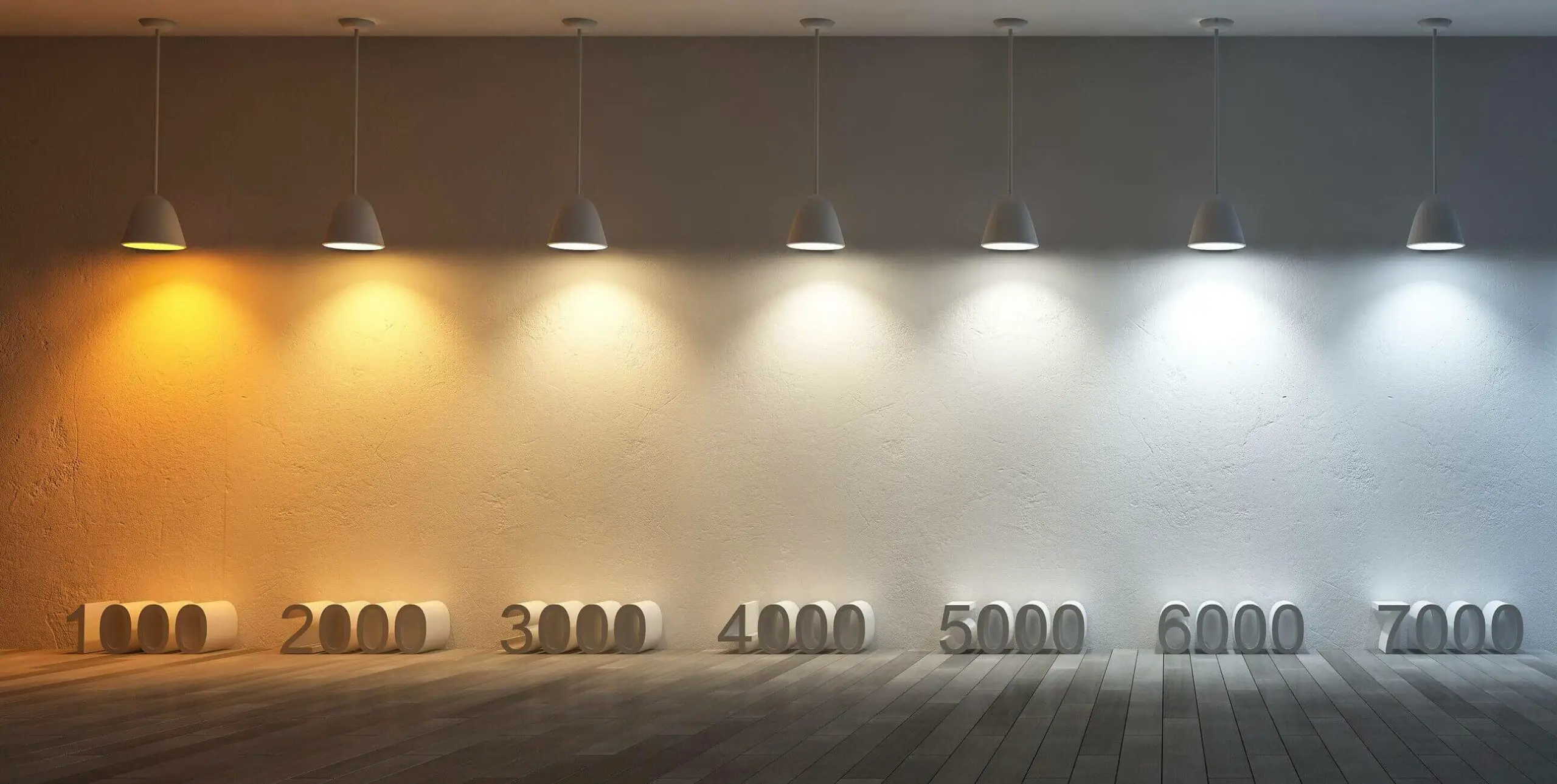 White bulbs of increasing color temperature showcasing the difference between warm white and cool white light